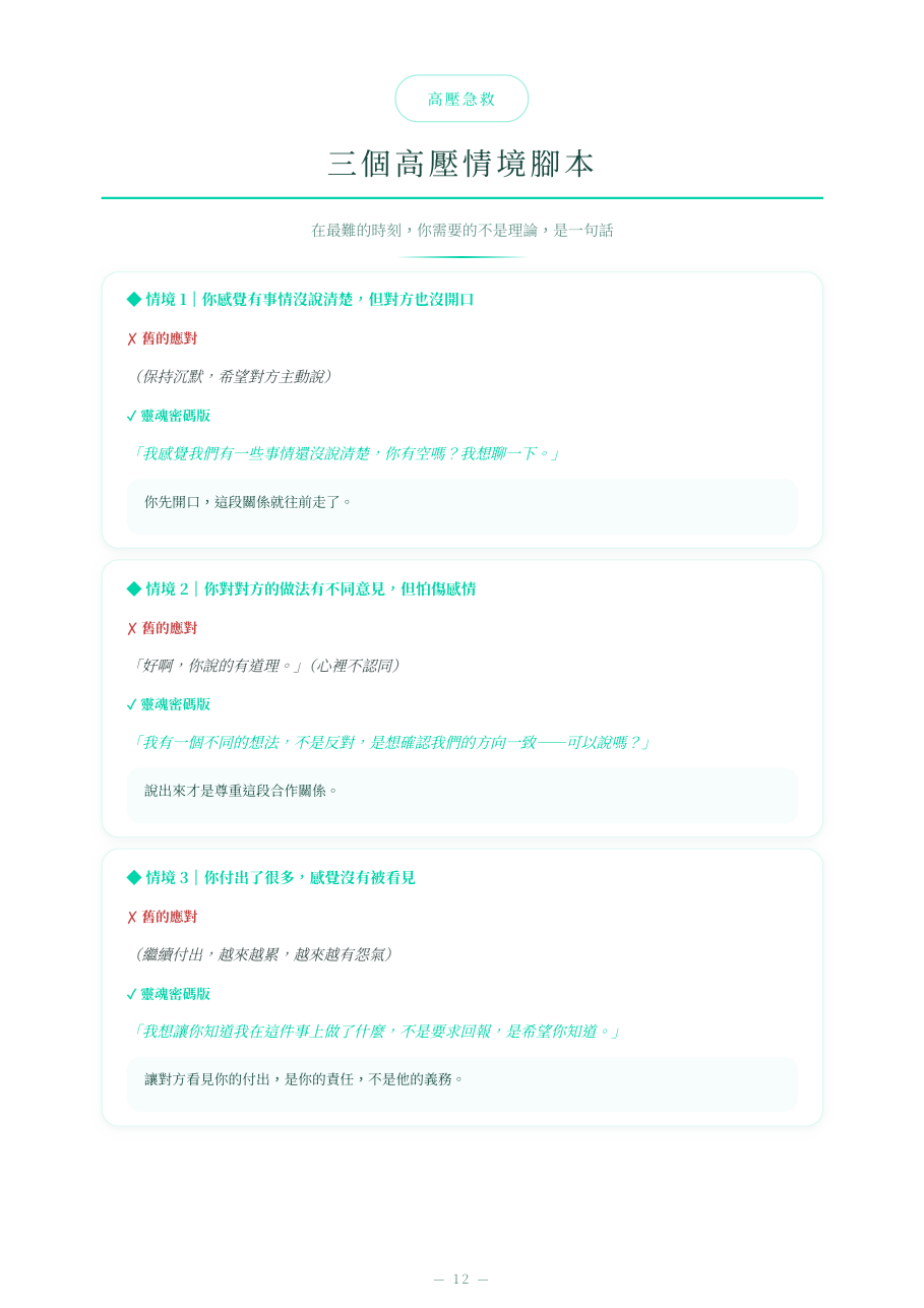 PRO 版樣本頁:三個高壓情境腳本,每個情境都有舊的應對和靈魂密碼版說法的對照(INFJ × INFJ 節錄)